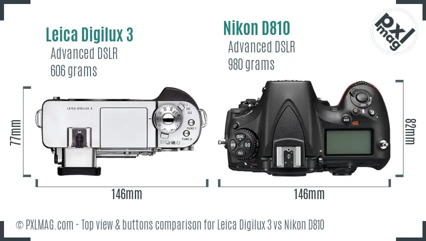 Leica Digilux 3 vs Nikon D810 top view buttons comparison