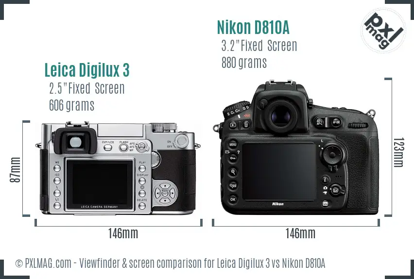Leica Digilux 3 vs Nikon D810A Screen and Viewfinder comparison