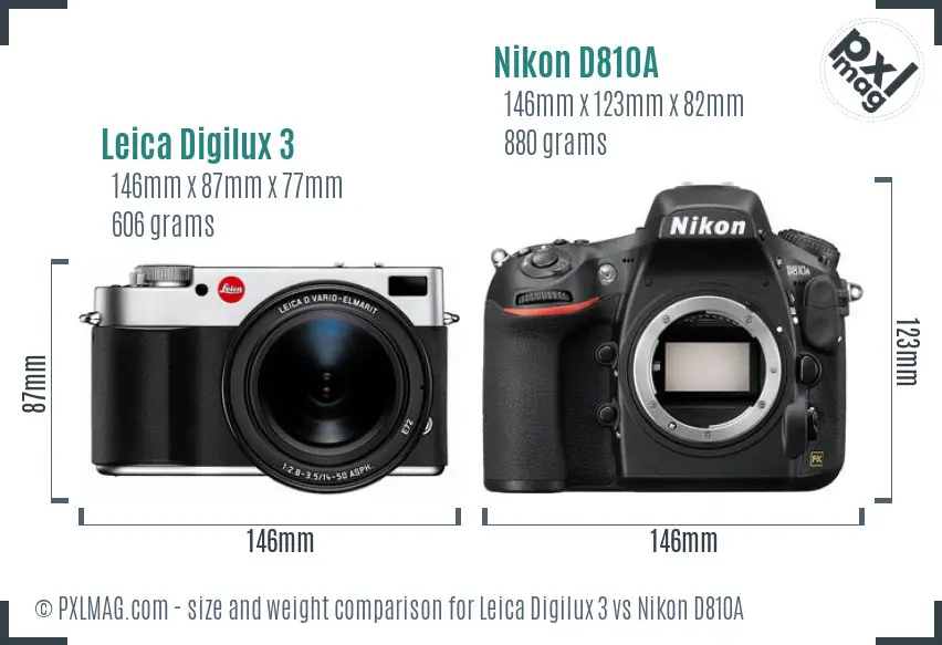 Leica Digilux 3 vs Nikon D810A size comparison