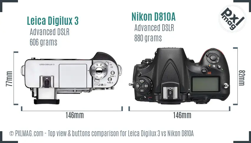 Leica Digilux 3 vs Nikon D810A top view buttons comparison