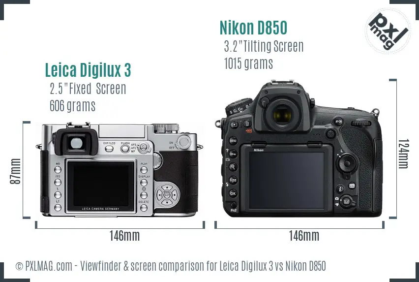 Leica Digilux 3 vs Nikon D850 Screen and Viewfinder comparison
