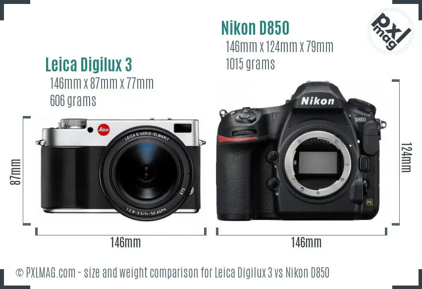 Leica Digilux 3 vs Nikon D850 size comparison