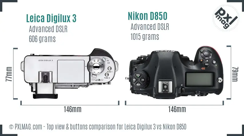 Leica Digilux 3 vs Nikon D850 top view buttons comparison