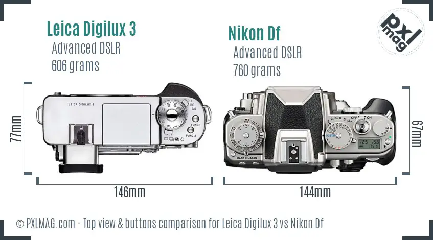 Leica Digilux 3 vs Nikon Df top view buttons comparison
