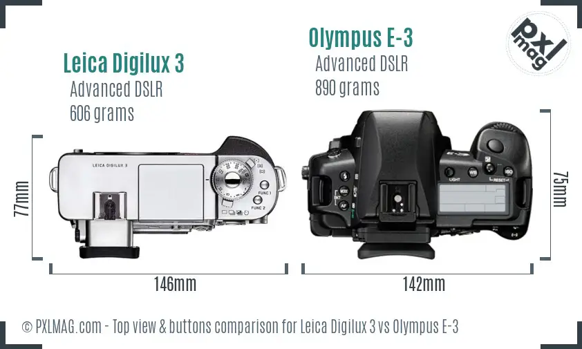Leica Digilux 3 vs Olympus E-3 top view buttons comparison Leica Digilux 3 vs Olympus E-3 top view buttons comparison