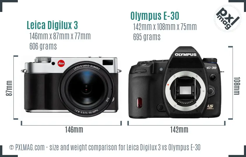 Leica Digilux 3 vs Olympus E-30 size comparison