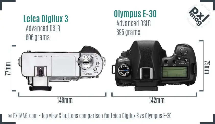 Leica Digilux 3 vs Olympus E-30 top view buttons comparison