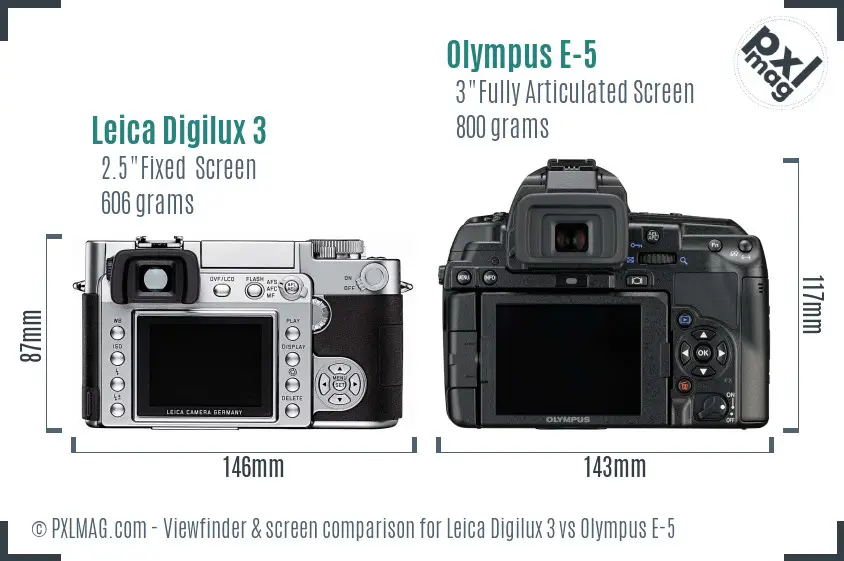 Leica Digilux 3 vs Olympus E-5 Screen and Viewfinder comparison