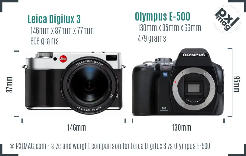 Leica Digilux 3 vs Olympus E-500 size comparison