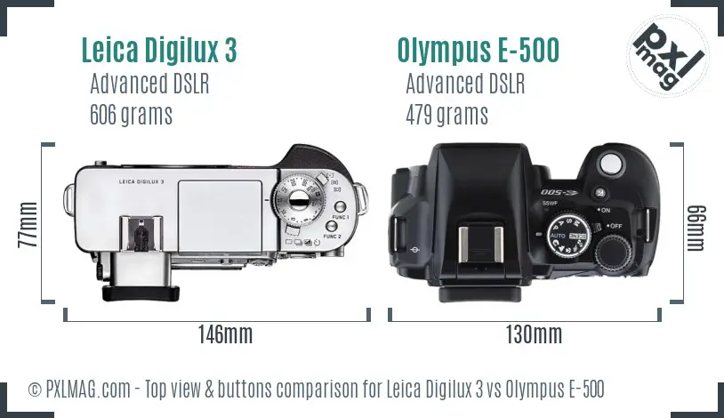 Leica Digilux 3 vs Olympus E-500 top view buttons comparison