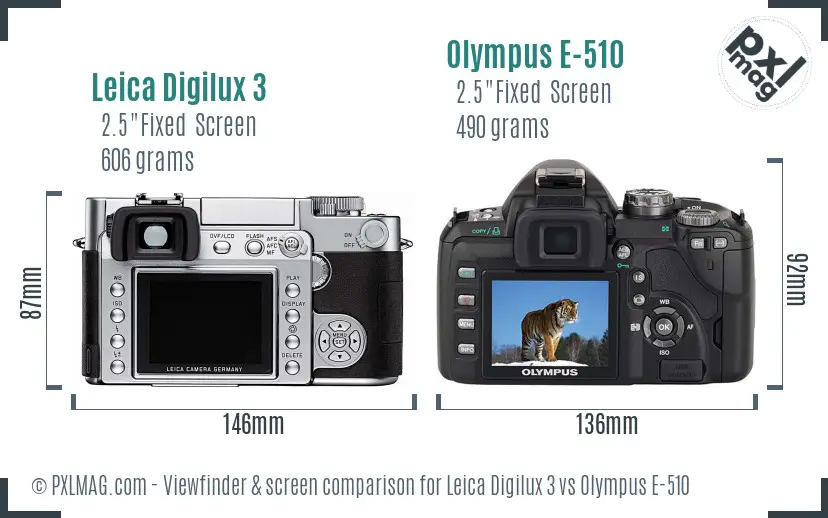 Leica Digilux 3 vs Olympus E-510 Screen and Viewfinder comparison