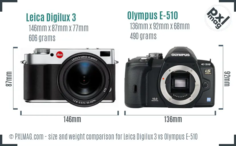 Leica Digilux 3 vs Olympus E-510 size comparison