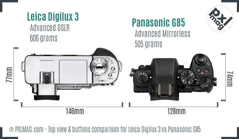 Leica Digilux 3 vs Panasonic G85 top view buttons comparison Leica Digilux 3 vs Panasonic G85 top view buttons comparison
