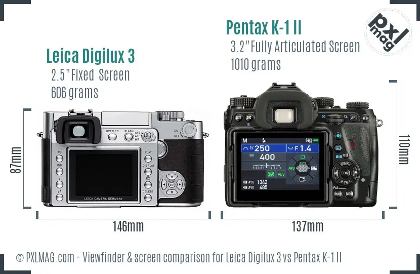 Leica Digilux 3 vs Pentax K-1 II Screen and Viewfinder comparison