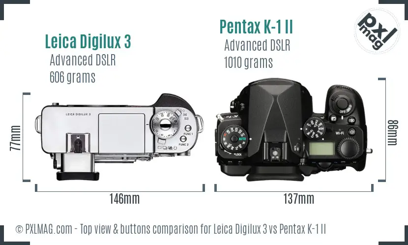 Leica Digilux 3 vs Pentax K-1 II top view buttons comparison