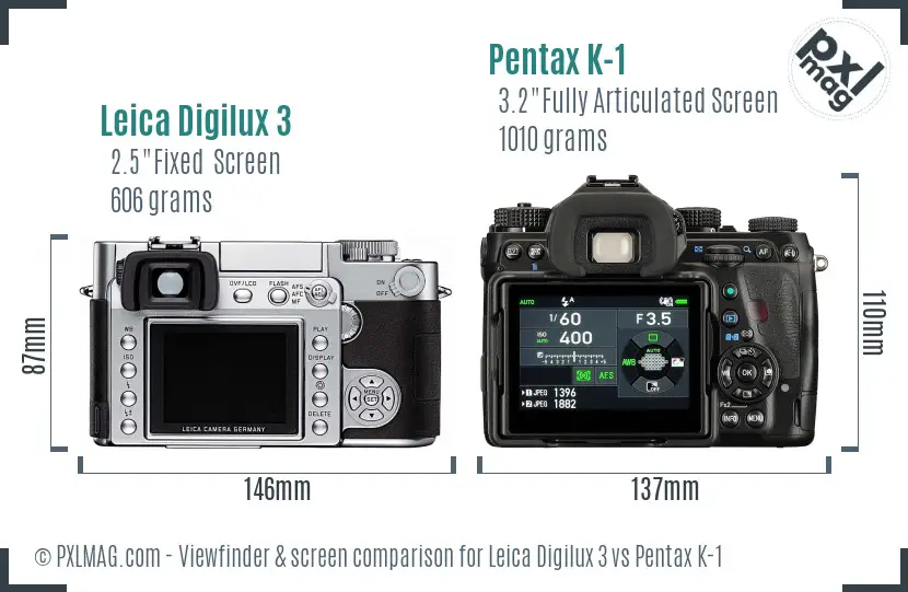 Leica Digilux 3 vs Pentax K-1 Screen and Viewfinder comparison