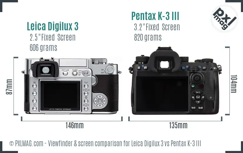 Leica Digilux 3 vs Pentax K-3 III Screen and Viewfinder comparison