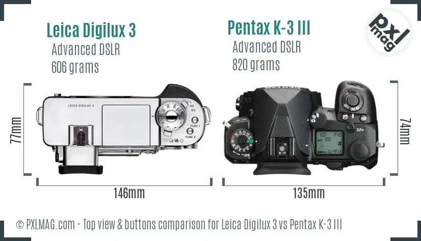 Leica Digilux 3 vs Pentax K-3 III top view buttons comparison