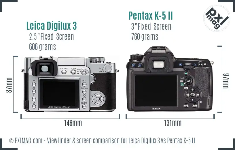 Leica Digilux 3 vs Pentax K-5 II Screen and Viewfinder comparison
