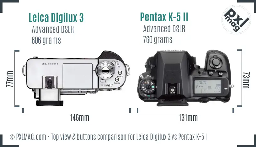 Leica Digilux 3 vs Pentax K-5 II top view buttons comparison