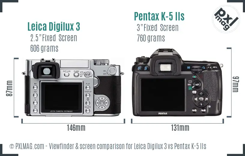 Leica Digilux 3 vs Pentax K-5 IIs Screen and Viewfinder comparison