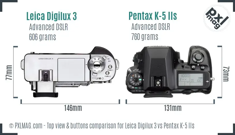 Leica Digilux 3 vs Pentax K-5 IIs top view buttons comparison