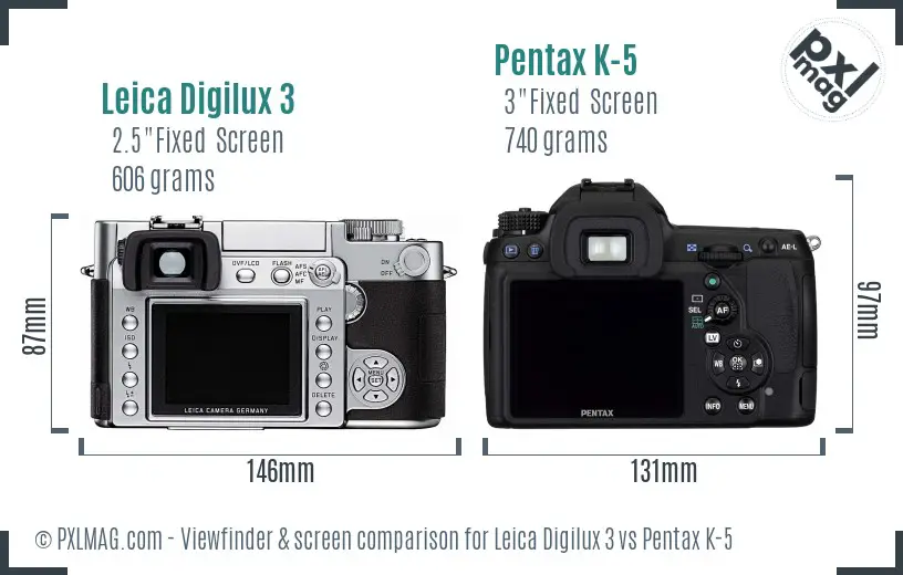 Leica Digilux 3 vs Pentax K-5 Screen and Viewfinder comparison