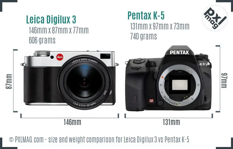 Leica Digilux 3 vs Pentax K-5 size comparison