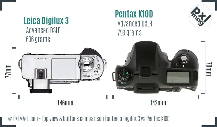 Leica Digilux 3 vs Pentax K10D top view buttons comparison