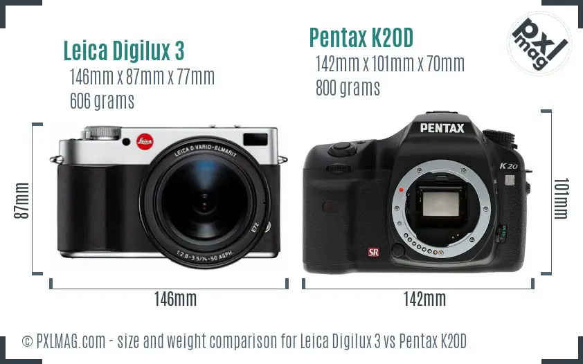 Leica Digilux 3 vs Pentax K20D size comparison
