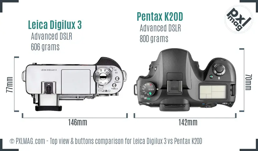 Leica Digilux 3 vs Pentax K20D top view buttons comparison