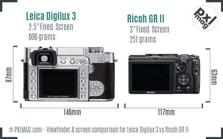 Leica Digilux 3 vs Ricoh GR II Screen and Viewfinder comparison