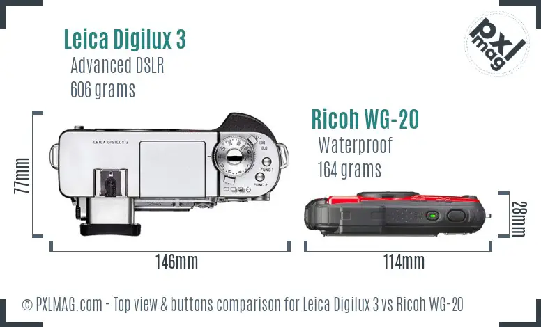 Leica Digilux 3 vs Ricoh WG-20 top view buttons comparison
