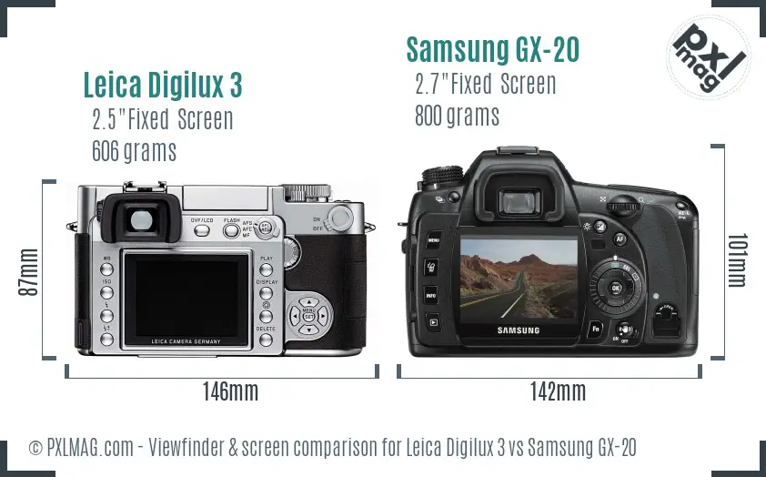 Leica Digilux 3 vs Samsung GX-20 Screen and Viewfinder comparison