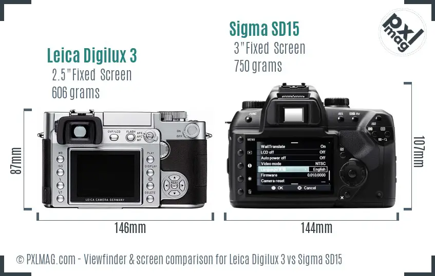 Leica Digilux 3 vs Sigma SD15 Screen and Viewfinder comparison