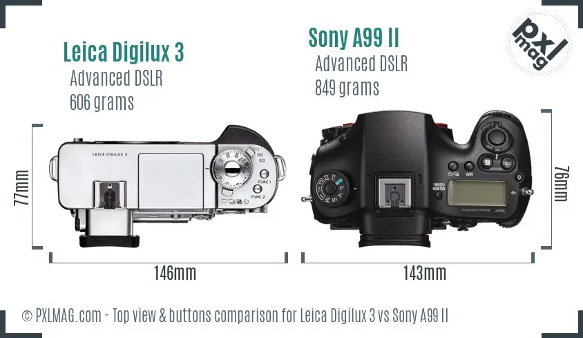 Leica Digilux 3 vs Sony A99 II top view buttons comparison