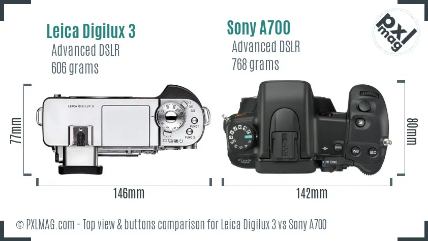 Leica Digilux 3 vs Sony A700 top view buttons comparison