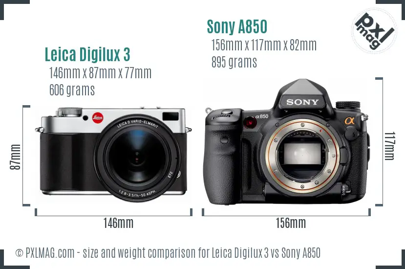 Leica Digilux 3 vs Sony A850 size comparison