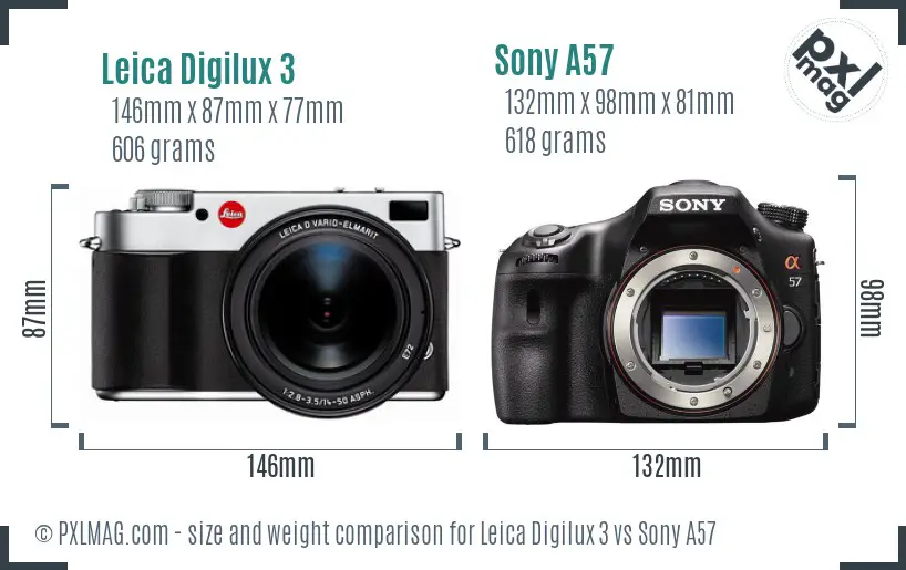 Leica Digilux 3 vs Sony A57 size comparison