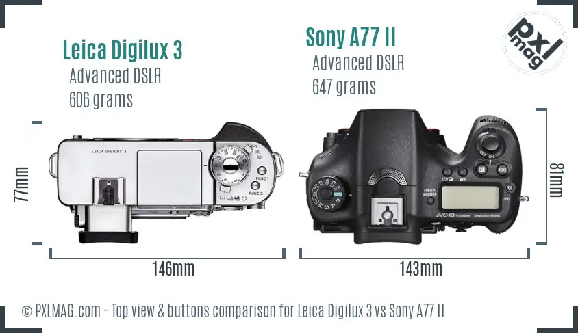 Leica Digilux 3 vs Sony A77 II top view buttons comparison