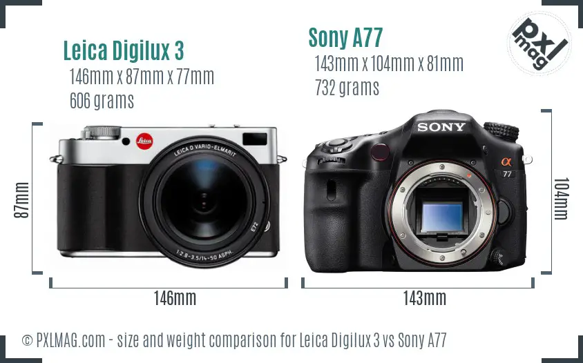 Leica Digilux 3 vs Sony A77 size comparison