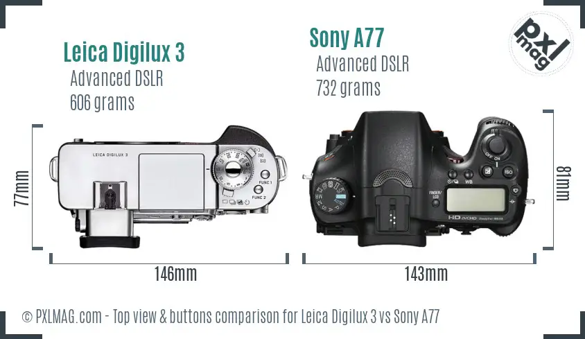 Leica Digilux 3 vs Sony A77 top view buttons comparison