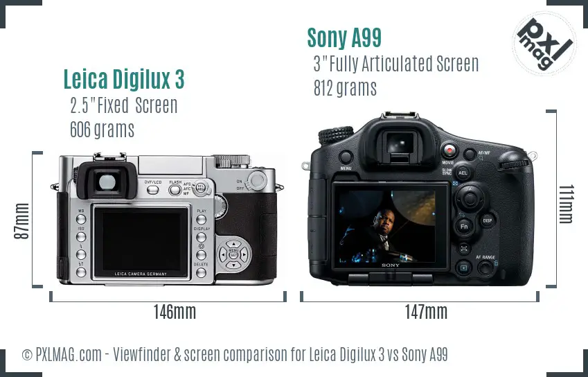 Leica Digilux 3 vs Sony A99 Screen and Viewfinder comparison