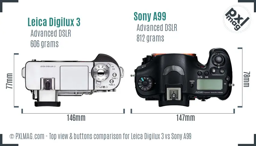 Leica Digilux 3 vs Sony A99 top view buttons comparison