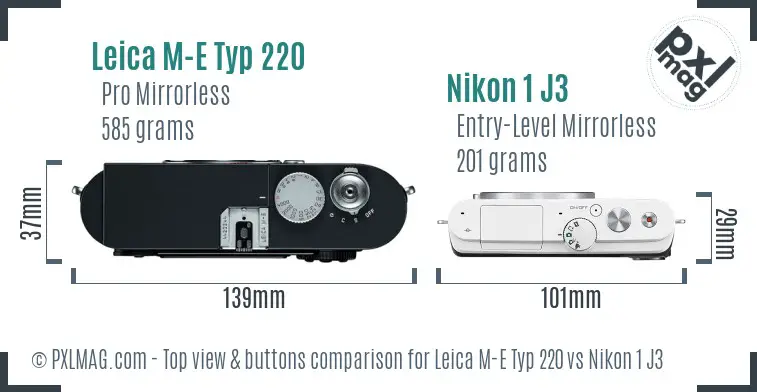 Leica M-E Typ 220 vs Nikon 1 J3 top view buttons comparison