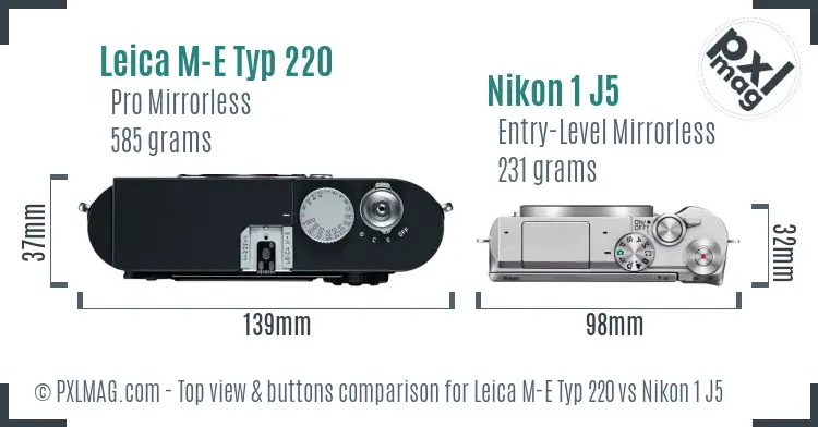 Leica M-E Typ 220 vs Nikon 1 J5 top view buttons comparison