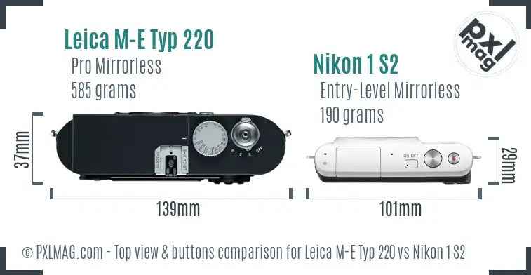 Leica M-E Typ 220 vs Nikon 1 S2 top view buttons comparison