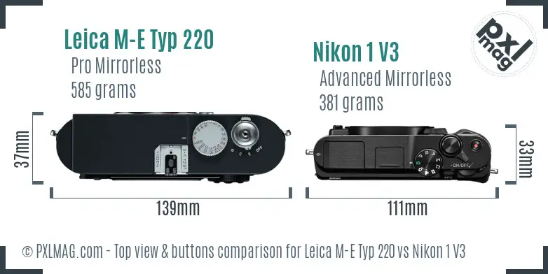 Leica M-E Typ 220 vs Nikon 1 V3 top view buttons comparison