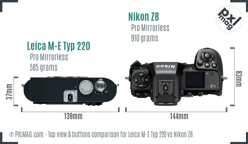 Leica M-E Typ 220 vs Nikon Z8 top view buttons comparison Leica M-E Typ 220 vs Nikon Z8 top view buttons comparison