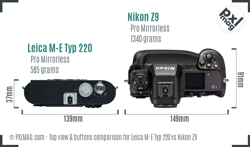 Leica M-E Typ 220 vs Nikon Z9 top view buttons comparison